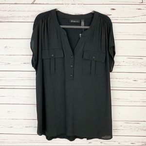 INC Woven-Front V Neck Plus Size Top Black 2X